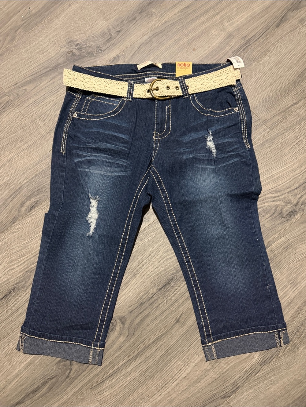 NOBO Dark Blue Distressed Cropped Jeans with Cream Woven Belt